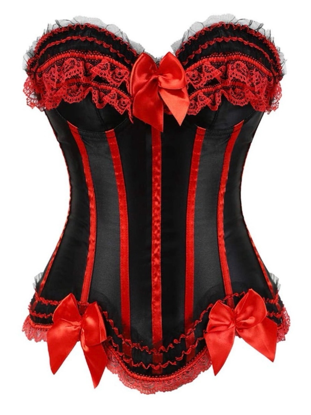 Black Satin Corset Bustier with Red Lace & Bows